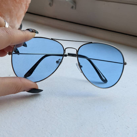 70s Retro Blue Aviator Sunglasses Pastel Minimalist Boho Sunnies Festival Shades - Picture 3 of 4